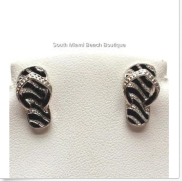 Silver Flip Flop Earrings Hypoallergenic Posts Black Enamel Beach Island Plated - Picture 1 of 8